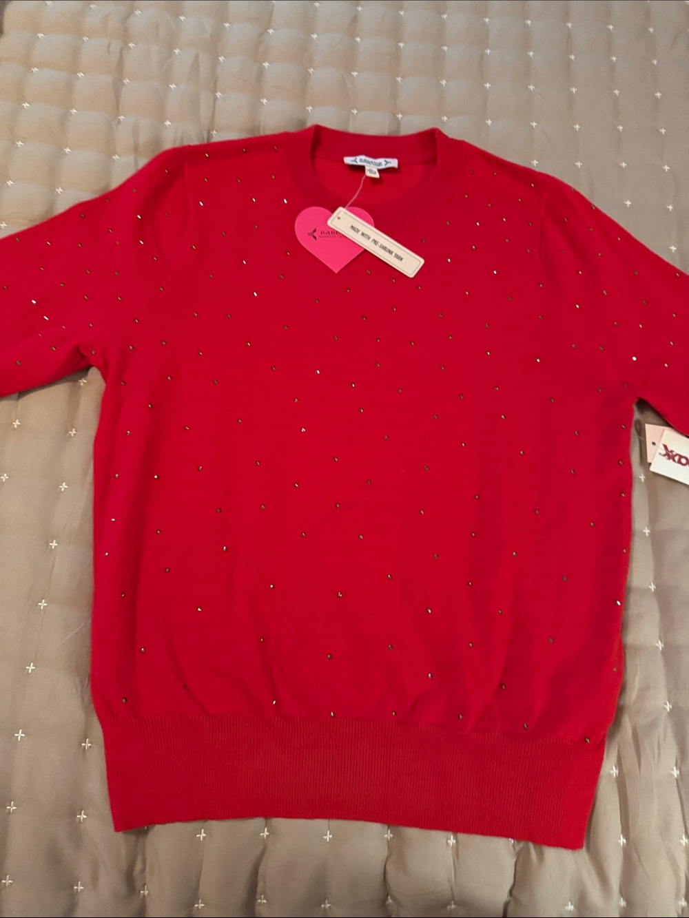 Nanette Lepore Red Crewneck Sweater with rhinestone accents